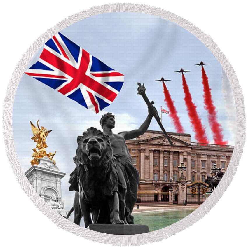 London Round Beach Towel featuring the photograph Buckingham Palace-Queen Victoria Memorial-Jubilee Montage by Gill Billington