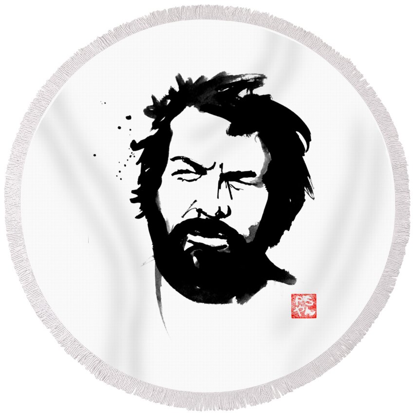 Bud Spencer Round Beach Towel featuring the painting Bud Spencer by Pechane Sumie