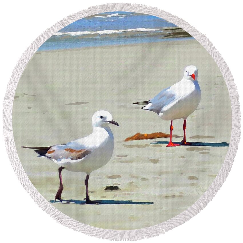 Seagulls Round Beach Towel featuring the painting Buddies by Tammy Lee Bradley