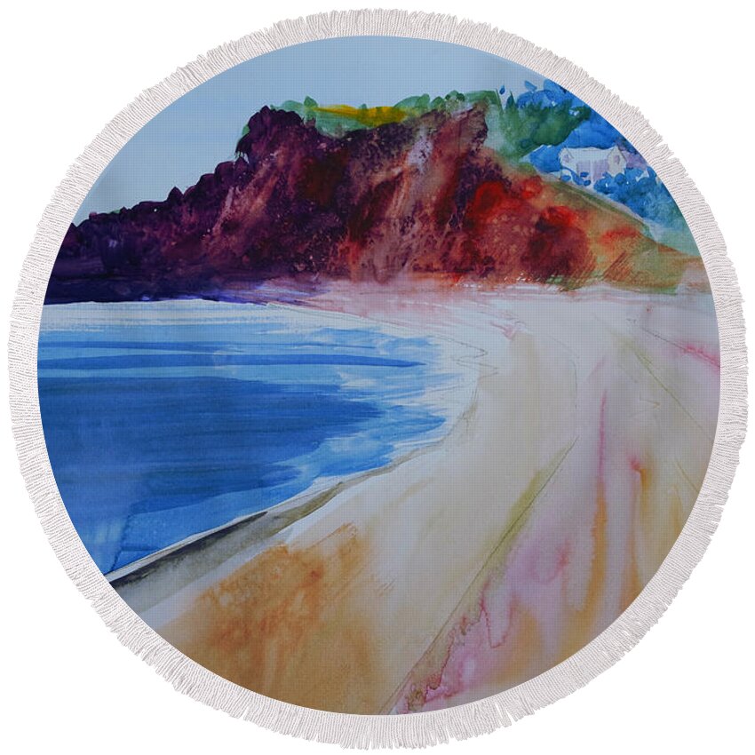 Budleigh Salterton Round Beach Towel featuring the painting Budleigh Salterton Beach Devon expressive watercolor painting by Mike Jory