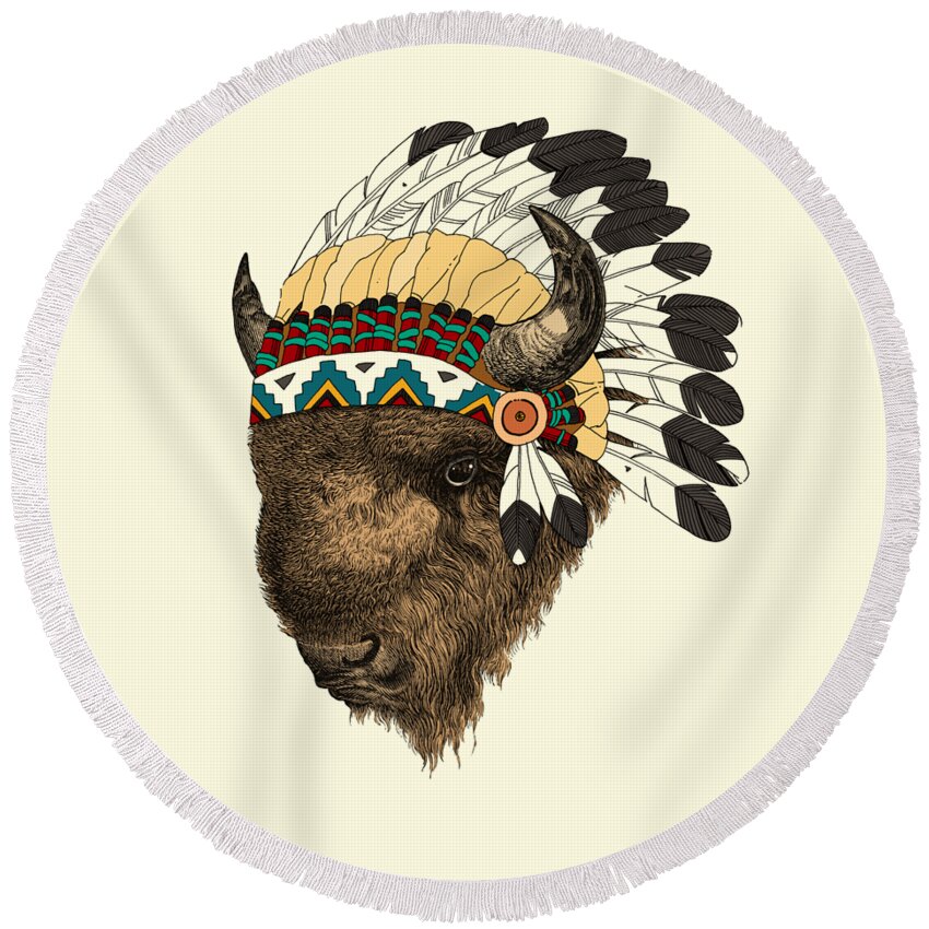 Buffalo Round Beach Towel featuring the digital art Buffalo with indian headdress in color by Madame Memento