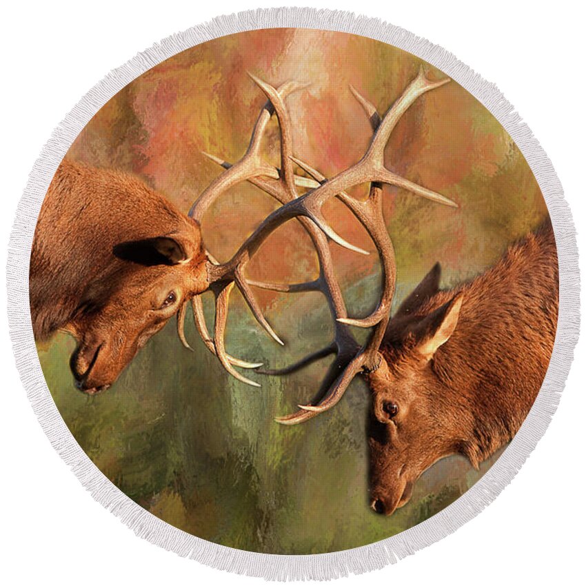 'estes Park' Round Beach Towel featuring the photograph Bull Elk Sparring In The Mix by James BO Insogna