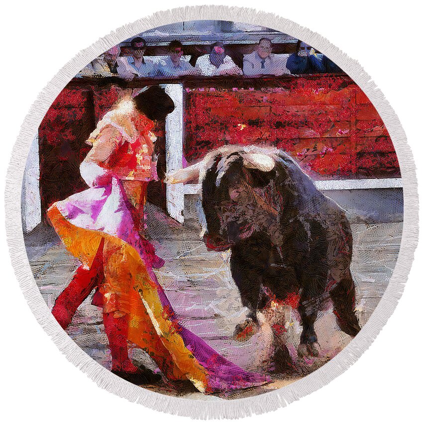 Bull Round Beach Towel featuring the painting Bullfighting in Spain by Charlie Roman