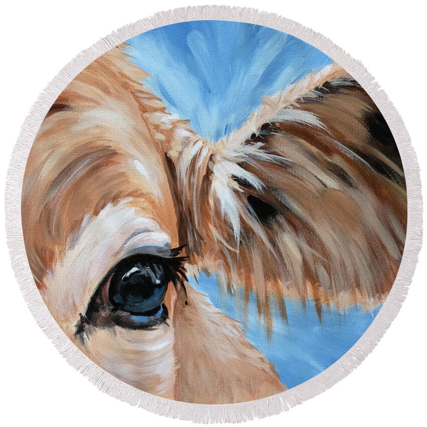 Cow Round Beach Towel featuring the painting Bulls Eye - Cow Painting by Annie Troe
