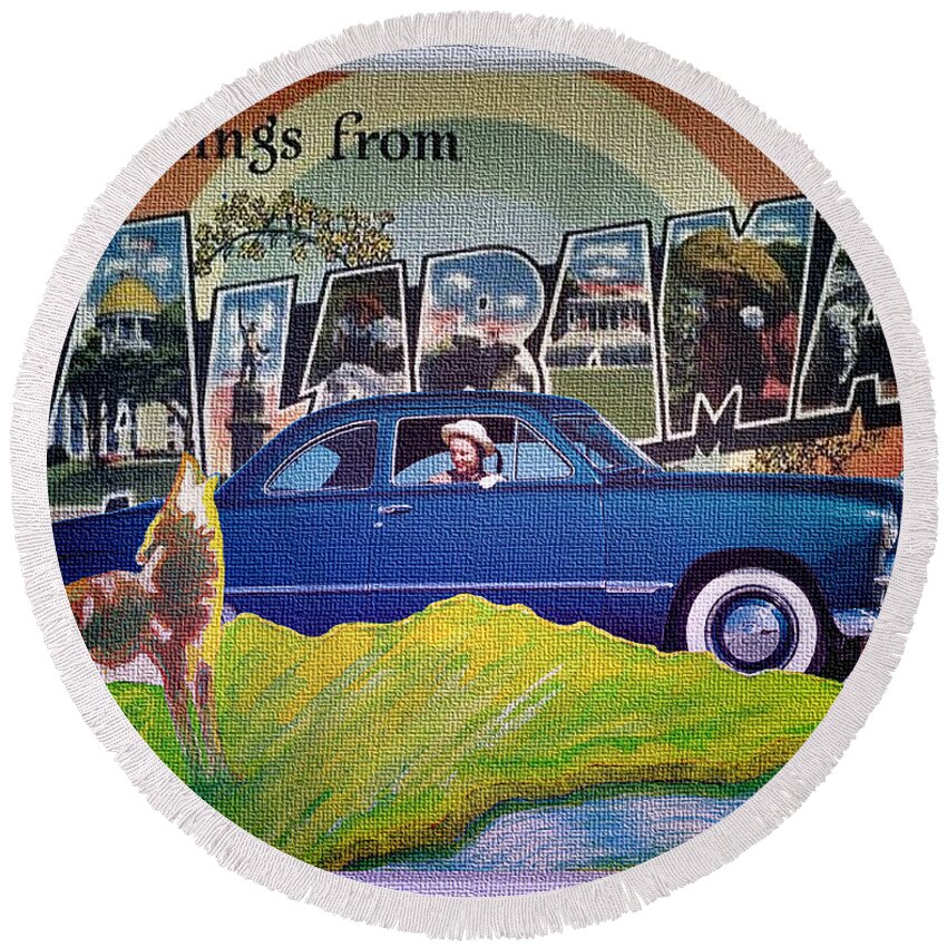 Dixie Road Trips Round Beach Towel featuring the digital art Dixie Road Trips / Alabama by David Squibb