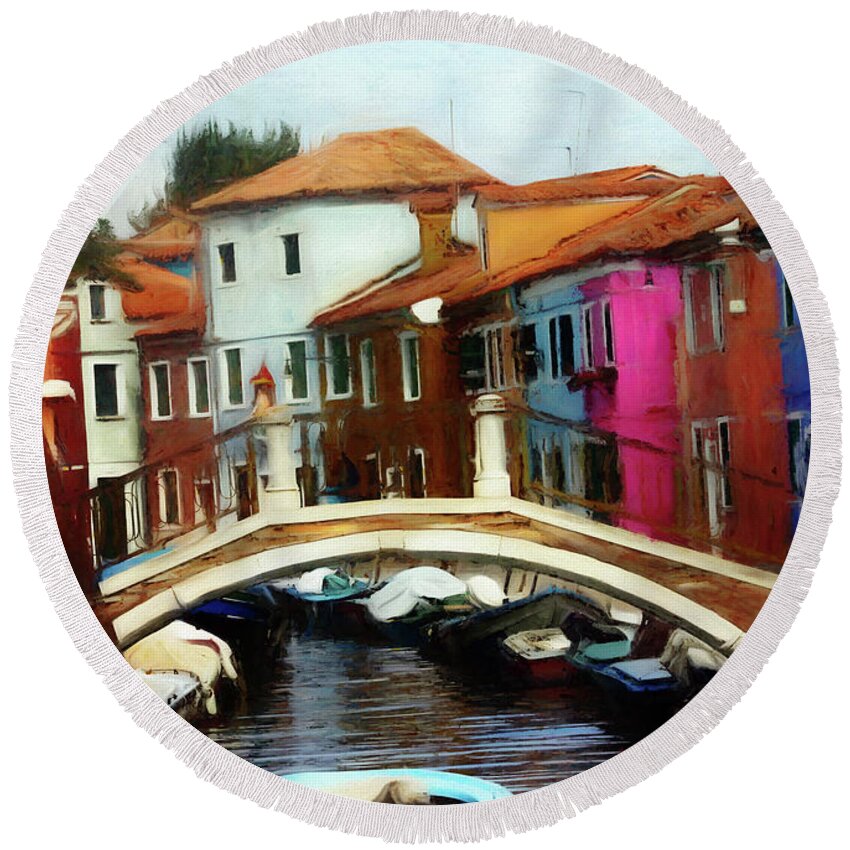 Boats Round Beach Towel featuring the photograph Burano Bridge - Revised 2020 by Xine Segalas