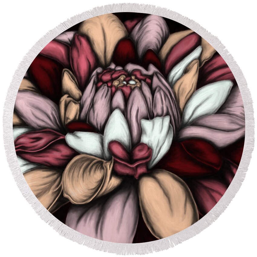 Pink Flower Round Beach Towel featuring the painting Burgundy flower painting, Single flower by Nadia CHEVREL