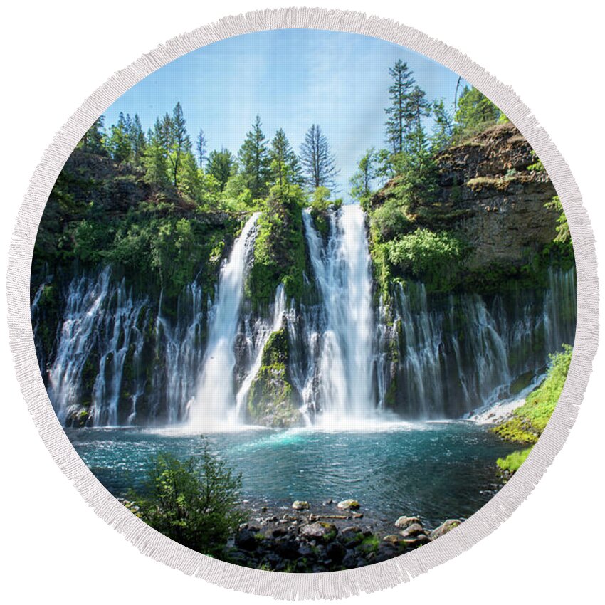 Lassen Round Beach Towel featuring the photograph Burney Falls by Aileen Savage
