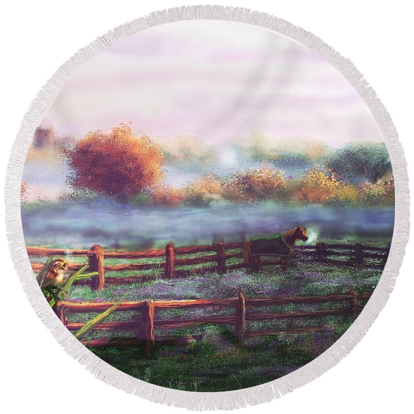 Landscape Round Beach Towel featuring the painting Burning off the Mist 2 by Robert Rearick