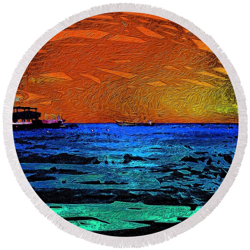 Burning Skies 1 Round Beach Towel featuring the digital art Burning Skies 1 by Aldane Wynter