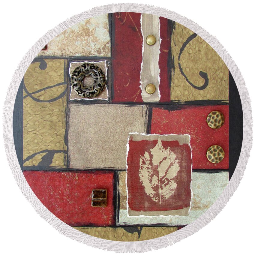 Mixed-media Round Beach Towel featuring the mixed media Burnished Spaces by MaryJo Clark