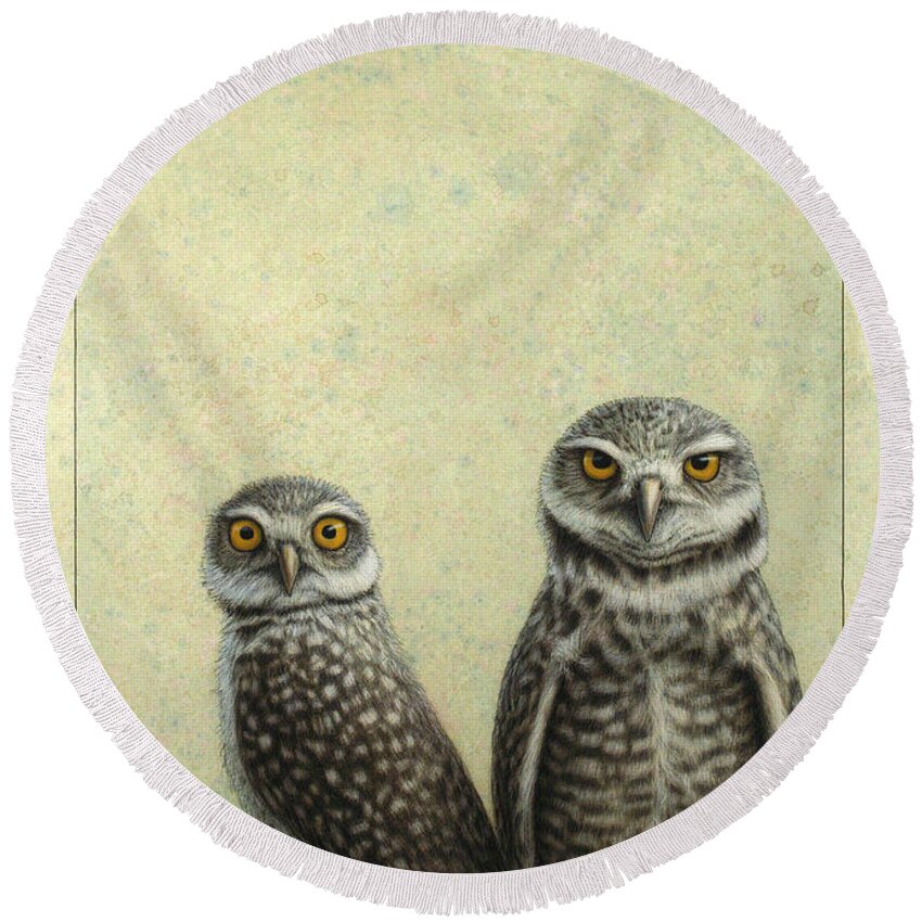 Owls Round Beach Towel featuring the painting Burrowing Owls by James W Johnson