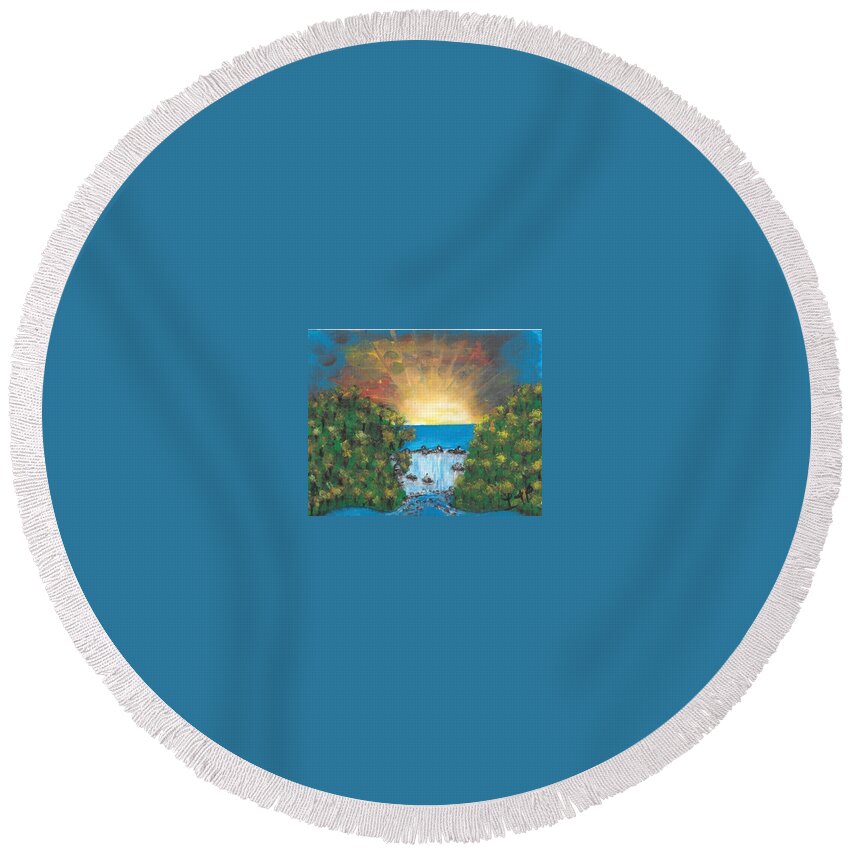 Sunrise Round Beach Towel featuring the painting Burst of Sunshine by Esoteric Gardens KN