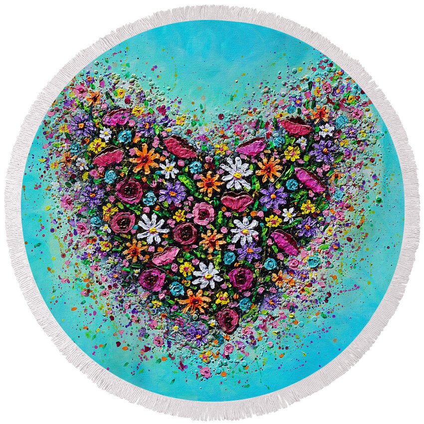 Heart Round Beach Towel featuring the painting Bursting with Love by Amanda Dagg