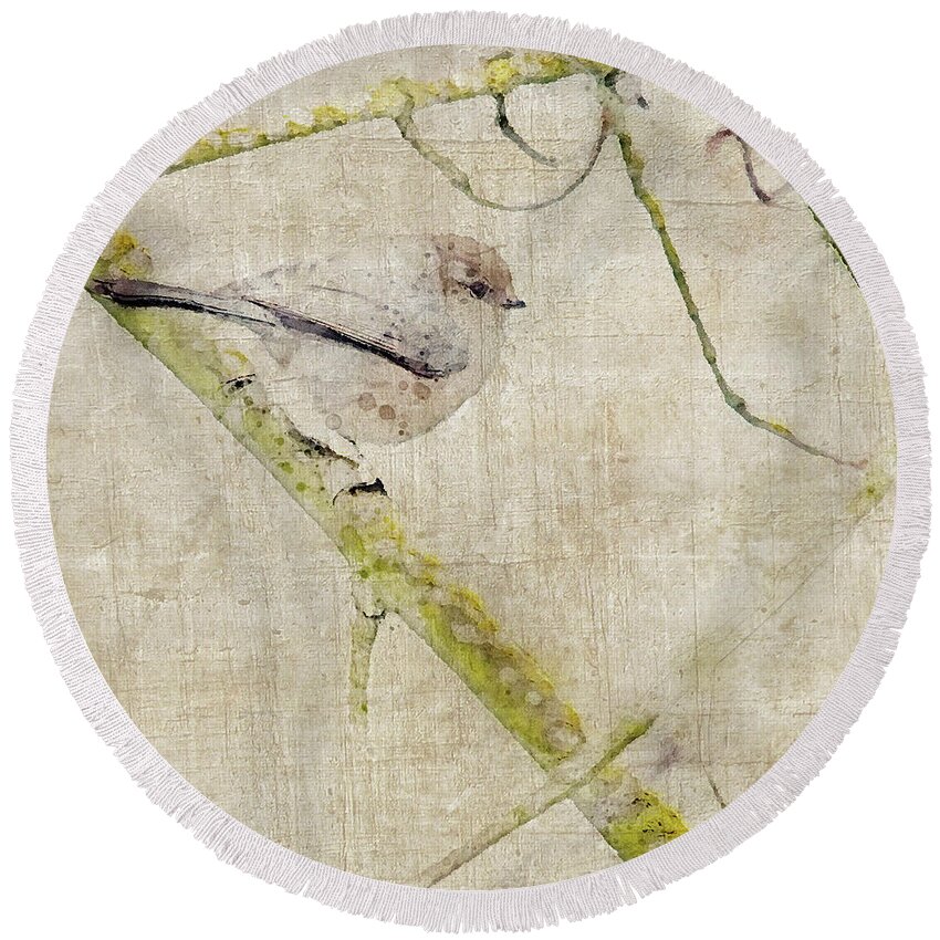  Round Beach Towel featuring the photograph Bushtit in Tree Watercolor by Rebecca Cozart