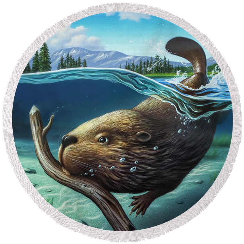 Beaver Round Beach Towel featuring the painting Busy Beaver by Jerry LoFaro