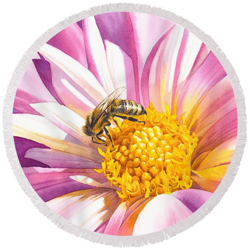 Bee Round Beach Towel featuring the painting Busy Bee by Espero Art
