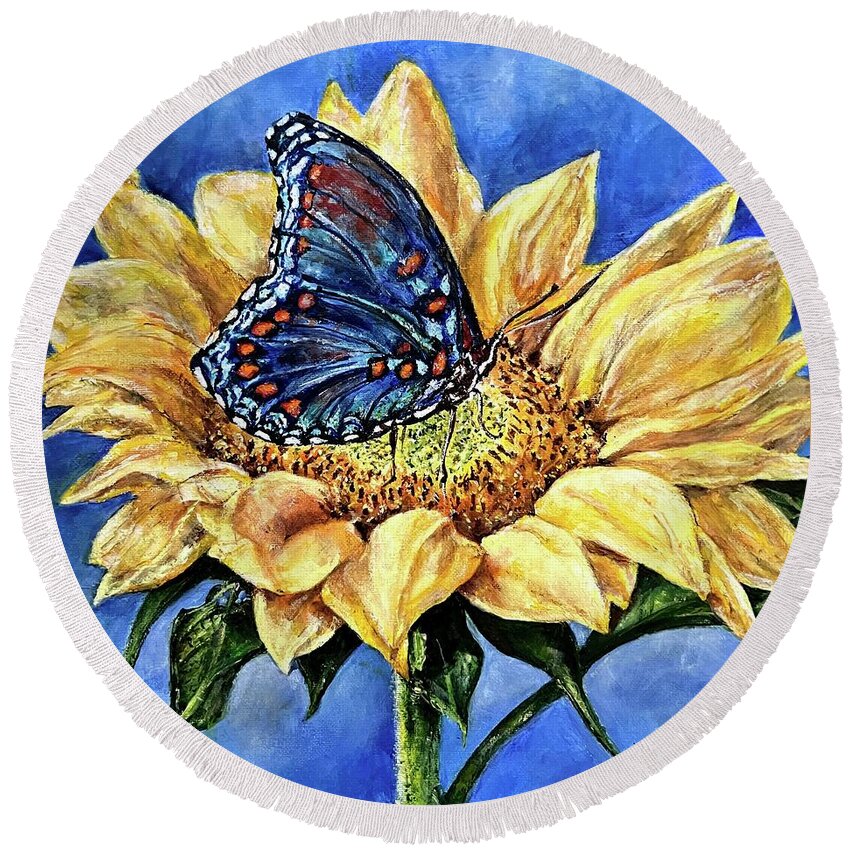Nature Round Beach Towel featuring the painting Butterflies are Blue by Karen Needle