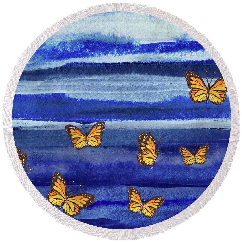 Butterflies Round Beach Towel featuring the painting Butterflies Flying In The Sky Watercolor by Irina Sztukowski