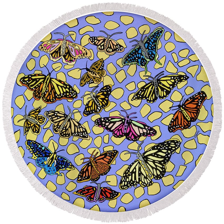 Butterfly Butterflies Pop Art Round Beach Towel featuring the painting Butterflies by Mike Stanko