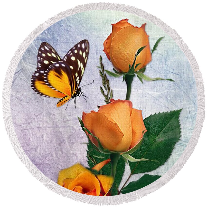 Roses Round Beach Towel featuring the digital art Butterfly and Orange Rosess by Morag Bates