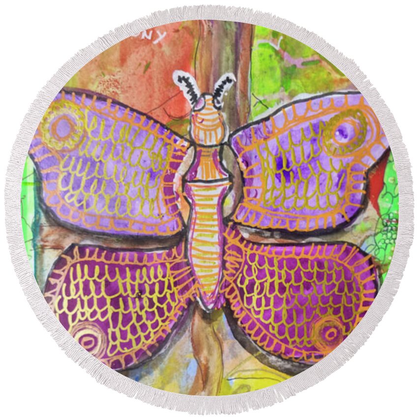 Butterfly Round Beach Towel featuring the painting Butterfly Magic by Mimulux Patricia No