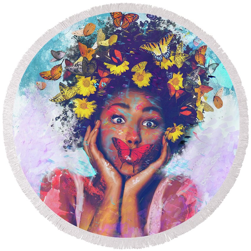 African American Round Beach Towel featuring the digital art Butterfly the Queen by Claudia McKinney