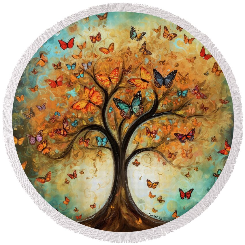Tree Of Life Round Beach Towel featuring the painting Butterfly Tree Of Life by Tina LeCour