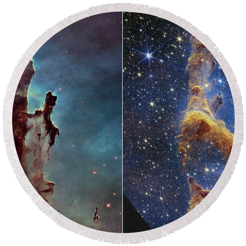 August Round Beach Towel featuring the photograph Pillars of Creation, JWST and Hubble images by Science Photo Library