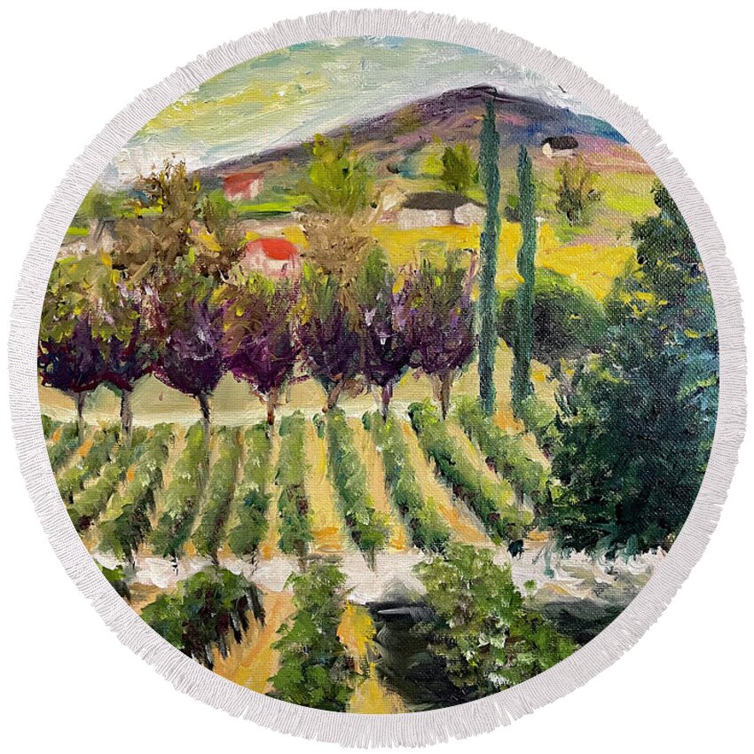 Oak Mountain Round Beach Towel featuring the painting Cabernet Lot at Oak Mountain Winery by Roxy Rich