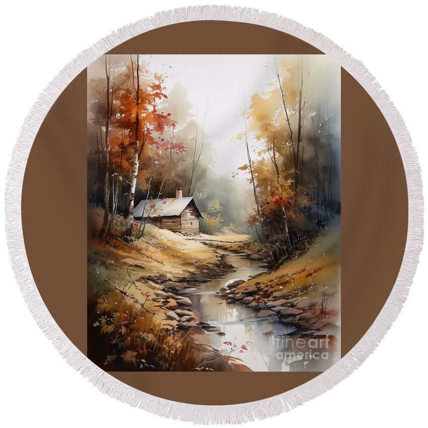 Cabin Round Beach Towel featuring the digital art Cabin and Stream I by Jay Schankman
