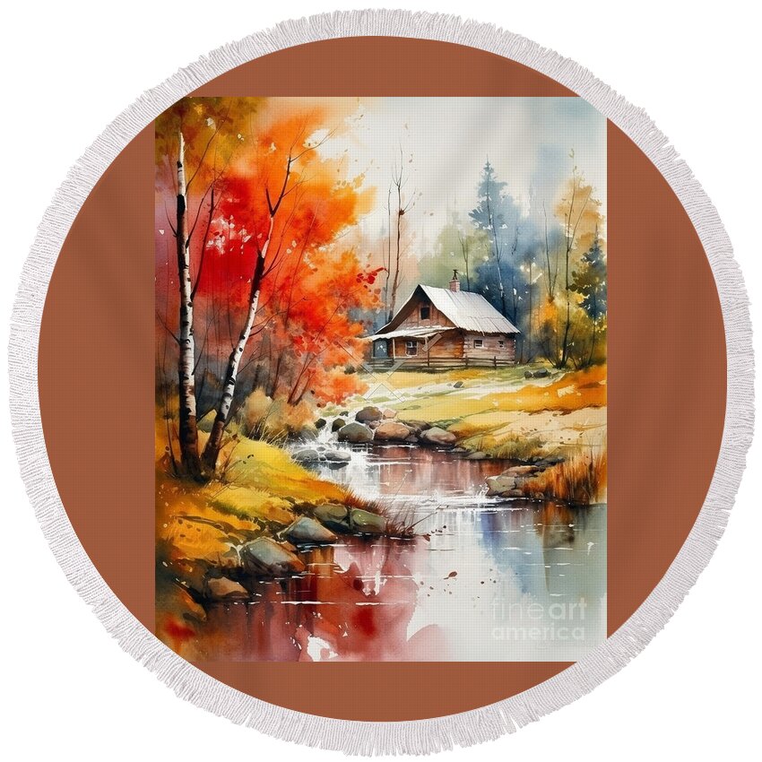 Cabin And Stream Ii Round Beach Towel featuring the mixed media Cabin and Stream II by Jay Schankman