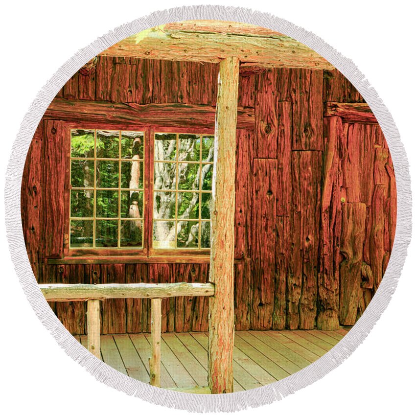 Cabin Round Beach Towel featuring the photograph Cabin Back Porch by Randy Bradley