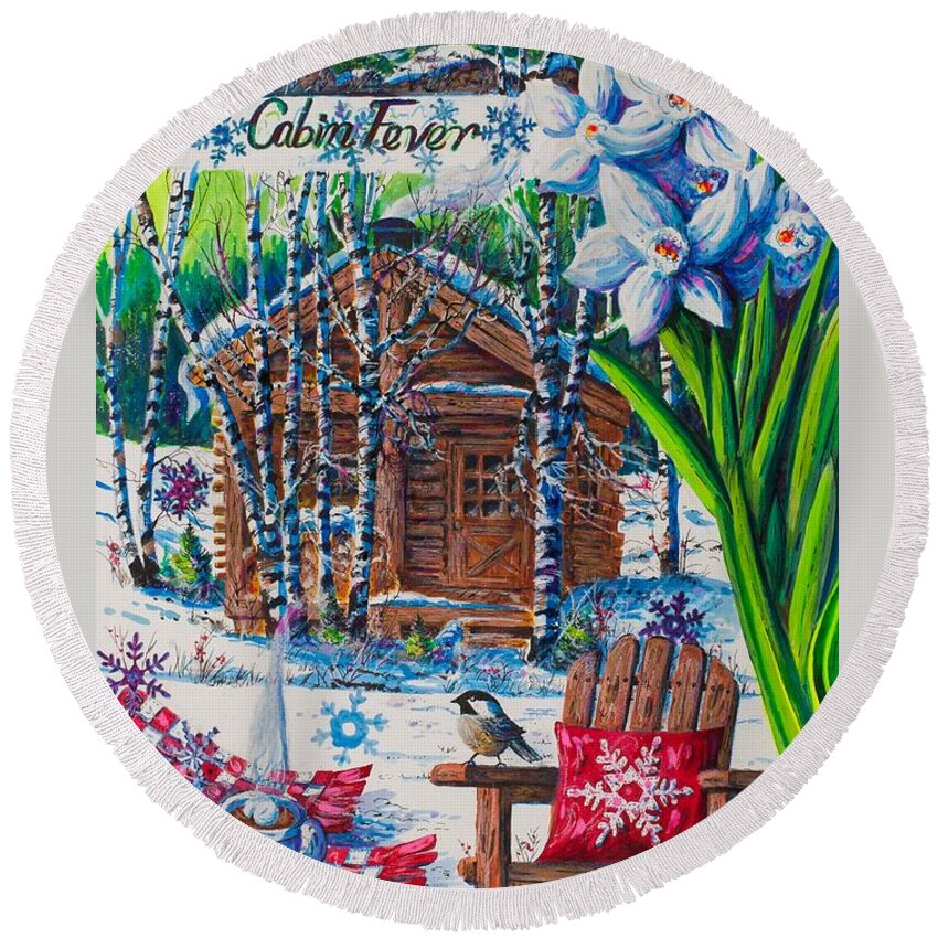Log Cabin Round Beach Towel featuring the painting Cabin Fever by Diane Phalen
