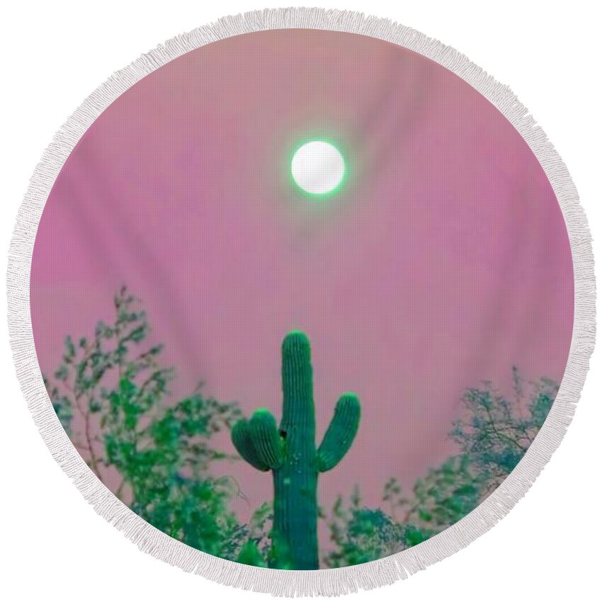 Desert Round Beach Towel featuring the photograph Cactus Full Moonrise in Aries by Judy Kennedy