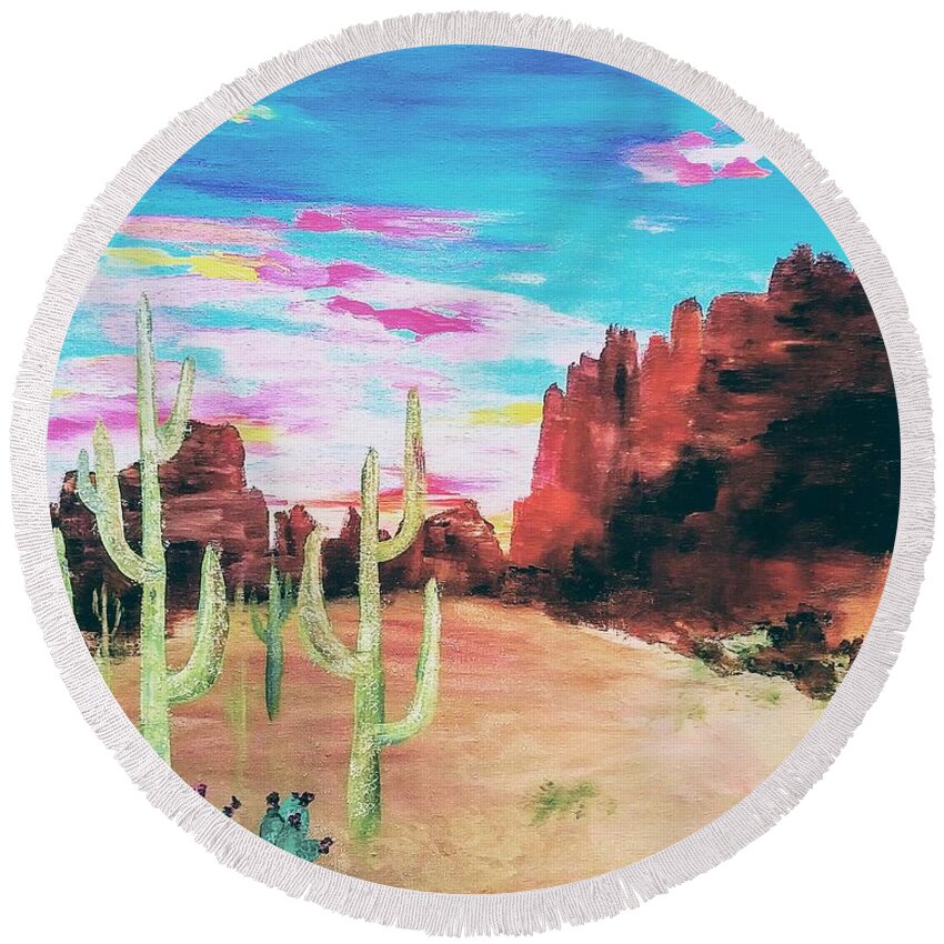 Cactus Round Beach Towel featuring the painting Cactus Land by Lynne McQueen