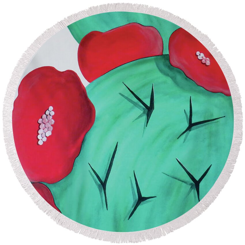 Cactus Round Beach Towel featuring the painting Cactus Red by Ted Clifton