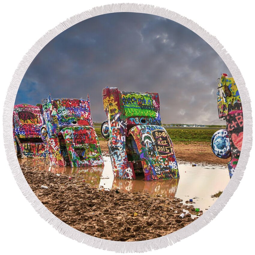 Cadillac Ranch Round Beach Towel featuring the photograph Cadillac Ranch TX by Chris Smith