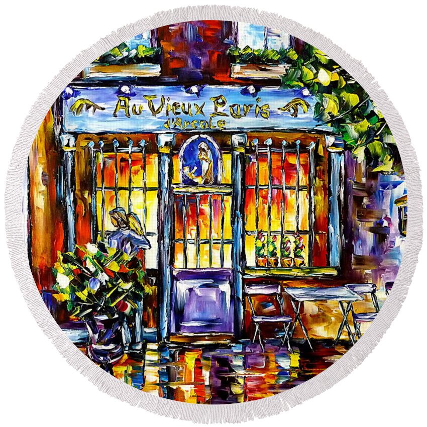 Cafe In The Evening Round Beach Towel featuring the painting Cafe Au Vieux Paris d'Arcole by Mirek Kuzniar