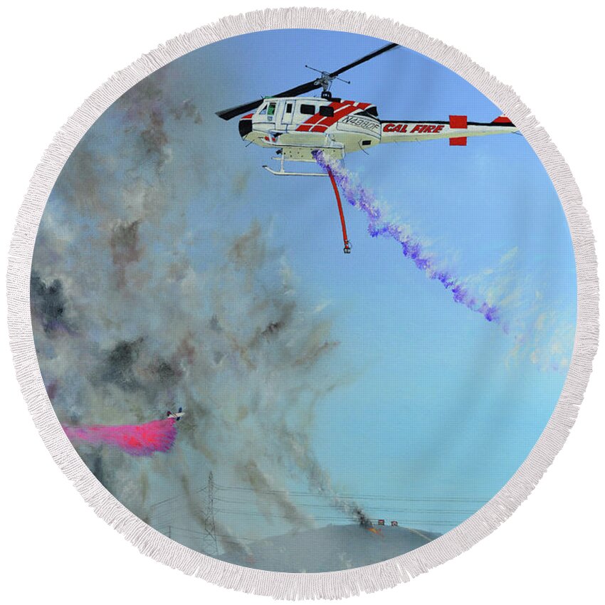 Helicopter Round Beach Towel featuring the painting CAL FIRE Heroes by Mary Scott