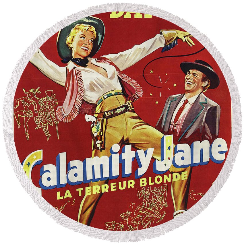 Calamity Round Beach Towel featuring the mixed media ''Calamity Jane'' - 1953 by Stars on Art