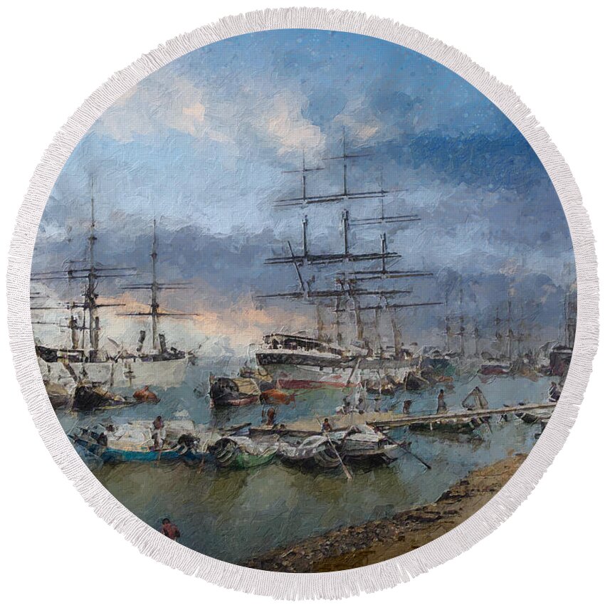 Sailing Ship Round Beach Towel featuring the digital art Calcutta in the age of sail by Geir Rosset