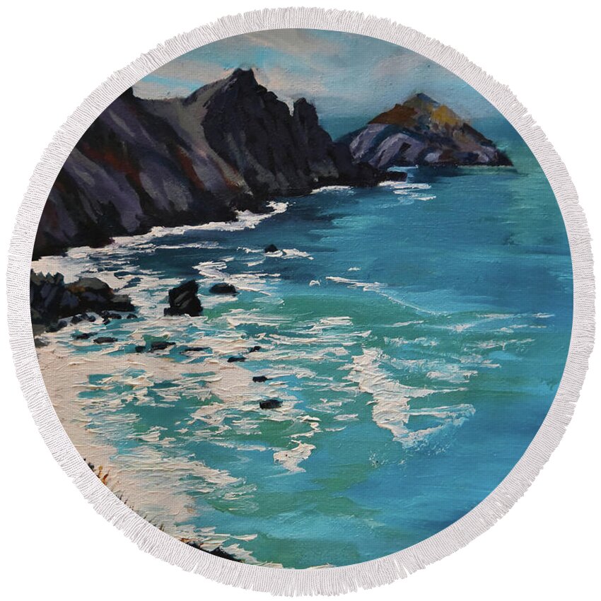 Pacific Round Beach Towel featuring the painting California Coast by Alice Leggett