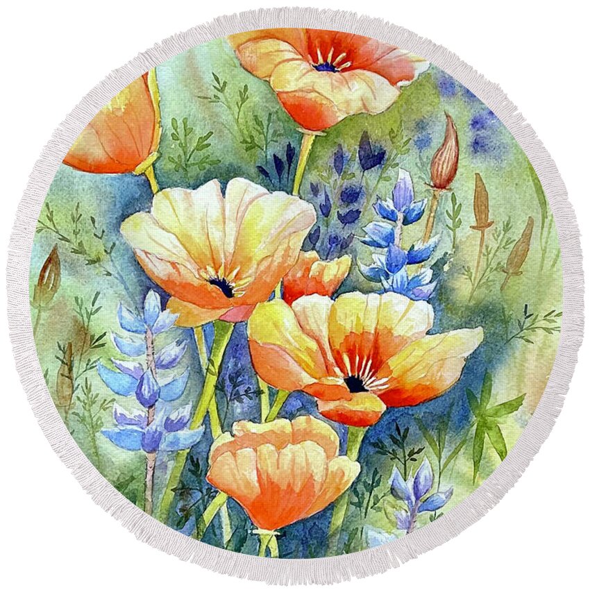 Poppies Round Beach Towel featuring the painting California's Flowers by Hilda Vandergriff