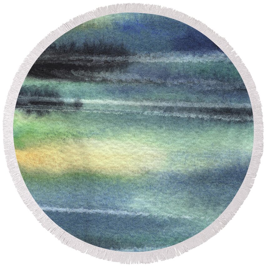 Calm Abstract Round Beach Towel featuring the painting Calm Meditative Landscape Water Reflections Beach Art Contemporary Cool Watercolor Palette II by Irina Sztukowski