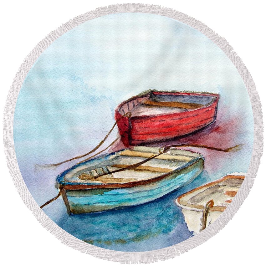 Boats Round Beach Towel featuring the painting Calm Waters by Jacquelin Bickel
