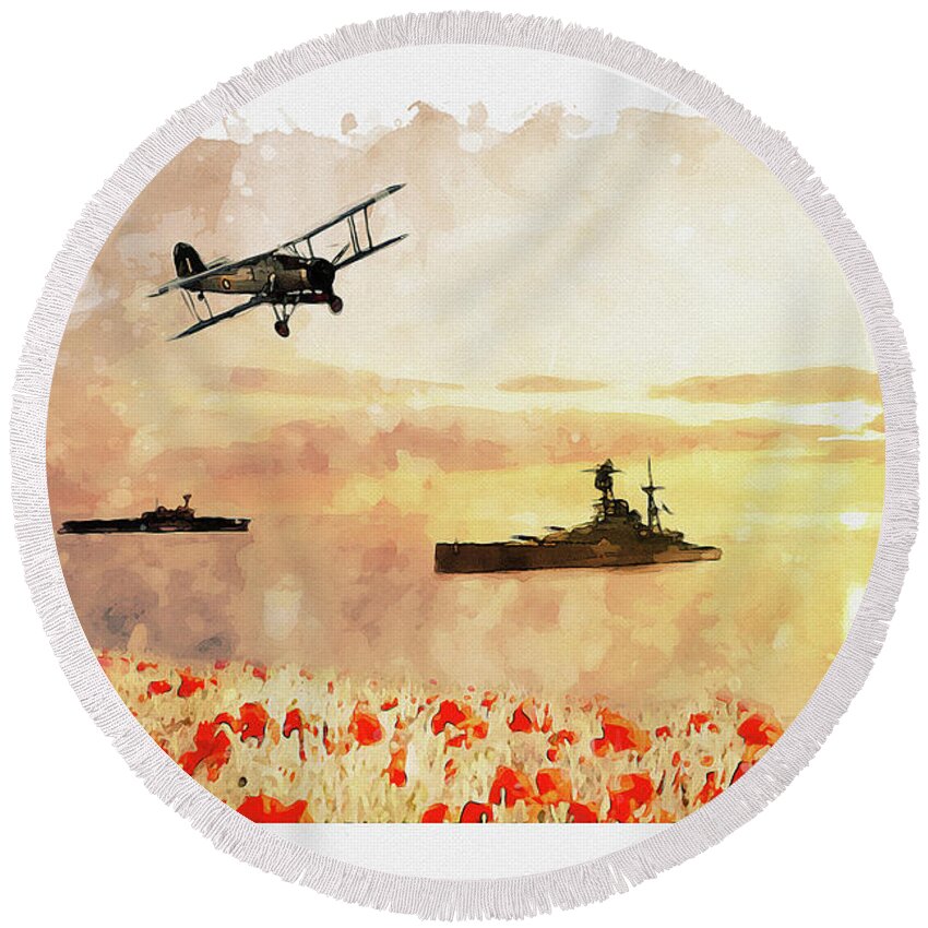 Navy Poppies Round Beach Towel featuring the digital art Calmer Waters by Airpower Art