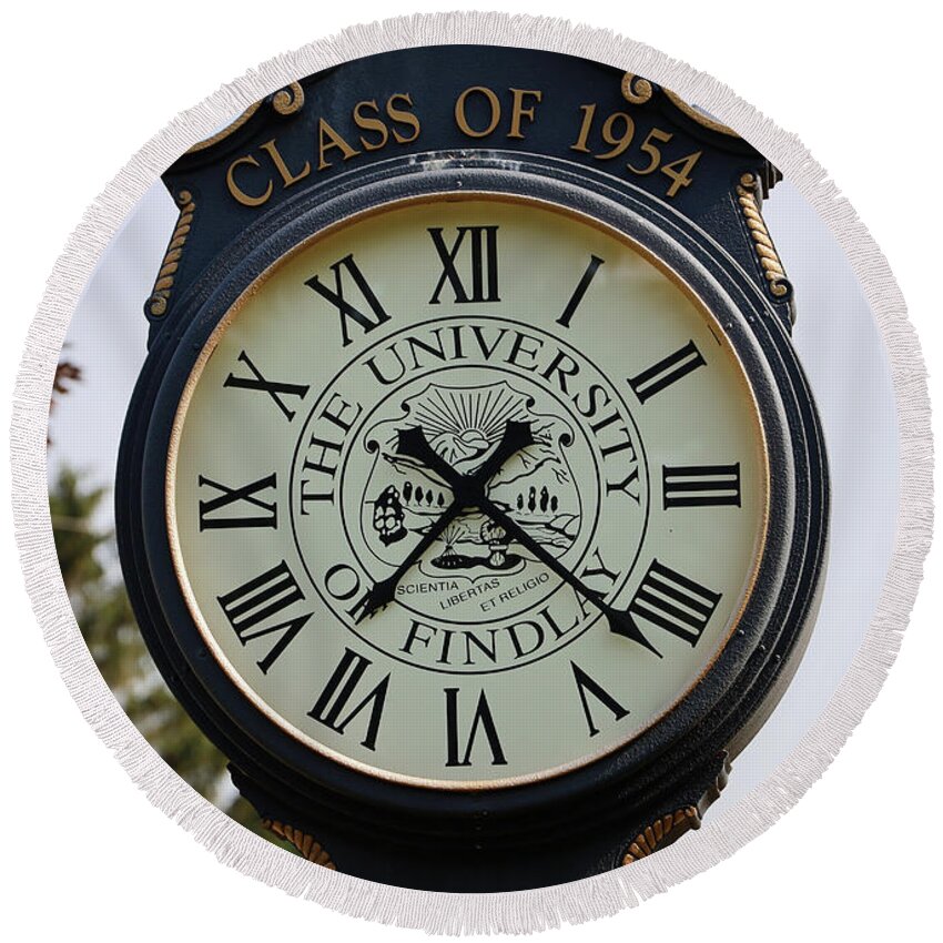 Clock Round Beach Towel featuring the photograph Campus Clock at the University of Findlay 2165 by Jack Schultz