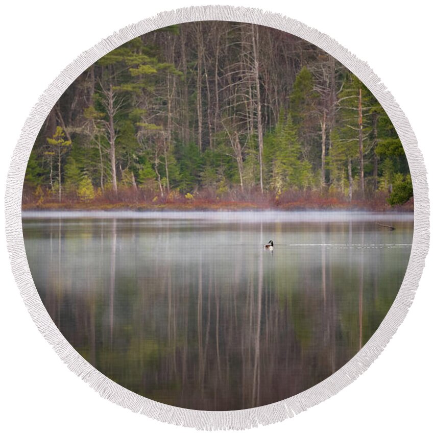 Nature Round Beach Towel featuring the photograph Canada Goose on a Misty Swift River Morning by William Dickman
