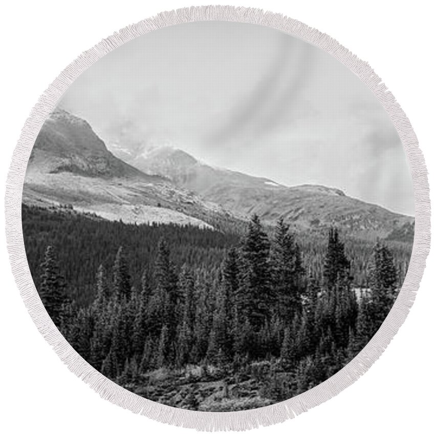 Mountain Landscape Panorama Round Beach Towel featuring the photograph Canadian Rockies Panorama Black And White by Dan Sproul